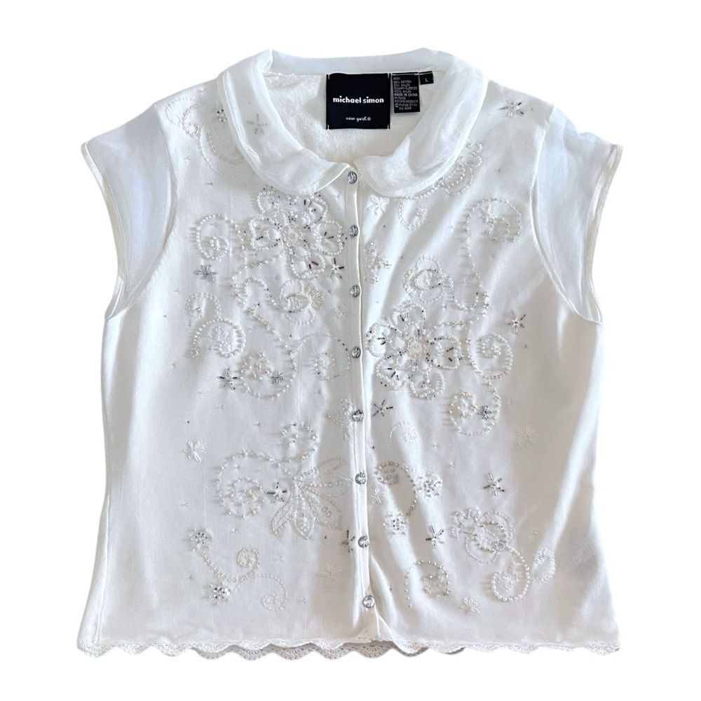 Vintage Michael Simon Pearl Beaded Knit Cardigan Top